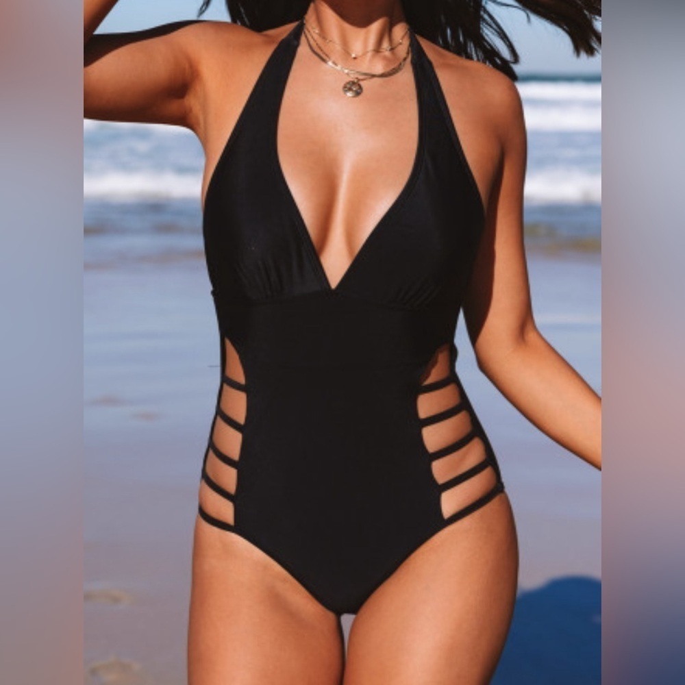 NEW Black One Piece Bathing Suit Swimsuit with Strappy Cutouts Size Small